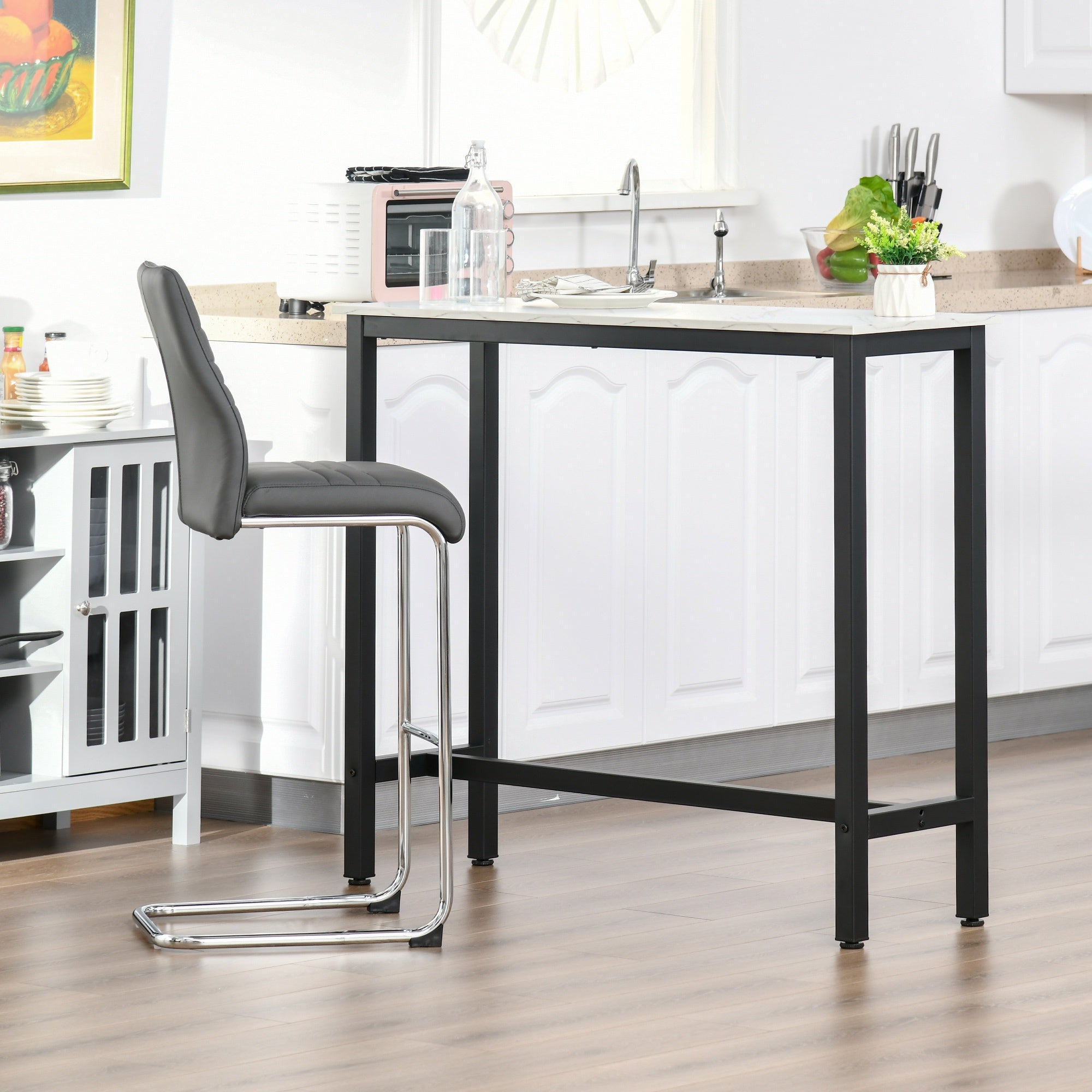 Bar Table Breakfast Marble Grain Dining Table Coffee Table with Adjustable Footpads, 120x40x100cm, White & Black
