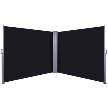 600 x 180 cm (HxL) Retractable Awning Double Canopy Side Privacy Protection Sun Shade Side Blind w/ Steel Frame Versatile Use In Garden Patio - Black