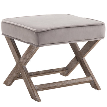 Vintage Footstool Padded Seat X Leg Chair Velvet Cover Shabby Chic Footrest Solid Rubber Wood Frame 49.5 x 45 x 41 cm Grey