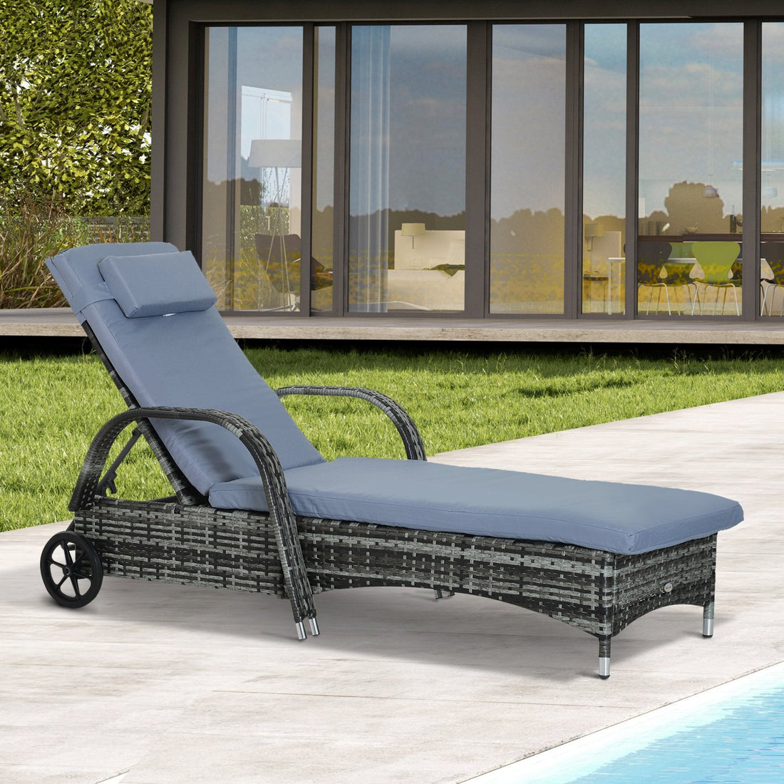 Garden Rattan Furniture Single Sun Lounger Recliner Bed Reclining Chair Patio Outdoor Wicker Weave Adjustable Headrest with Fire Retardant Cushion - Grey