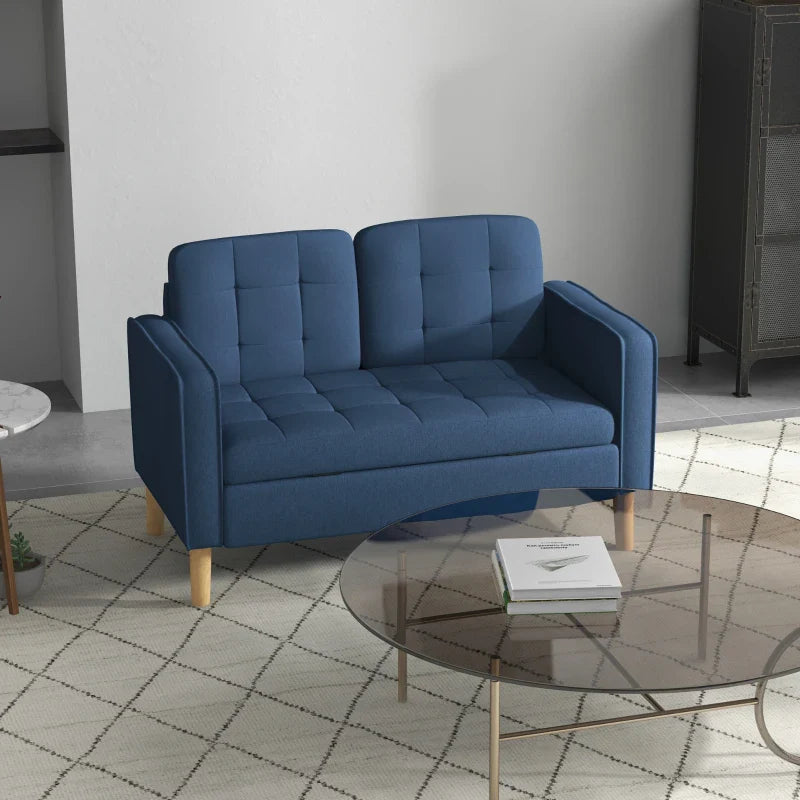 Modern Loveseat Sofa, Compact 2 Seater Sofa with Hidden Storage, 117cm Tufted Cotton Couch with Wood Legs, Blue