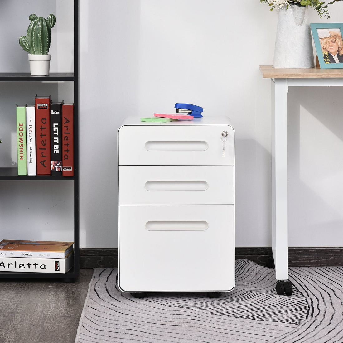 Lockable File Cabinet with 3 Drawers, Vertical Office Drawer for A4, Letter, Legal Size, Anti-tilt Design, Pre-Assembled Body, White