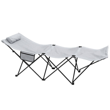 Foldable Sun Lounger, Outdoor Tanning Sun Lounger Chair with Side Pocket, Headrest, Oxford Seat, for Beach, Yard, Patio, Light Grey
