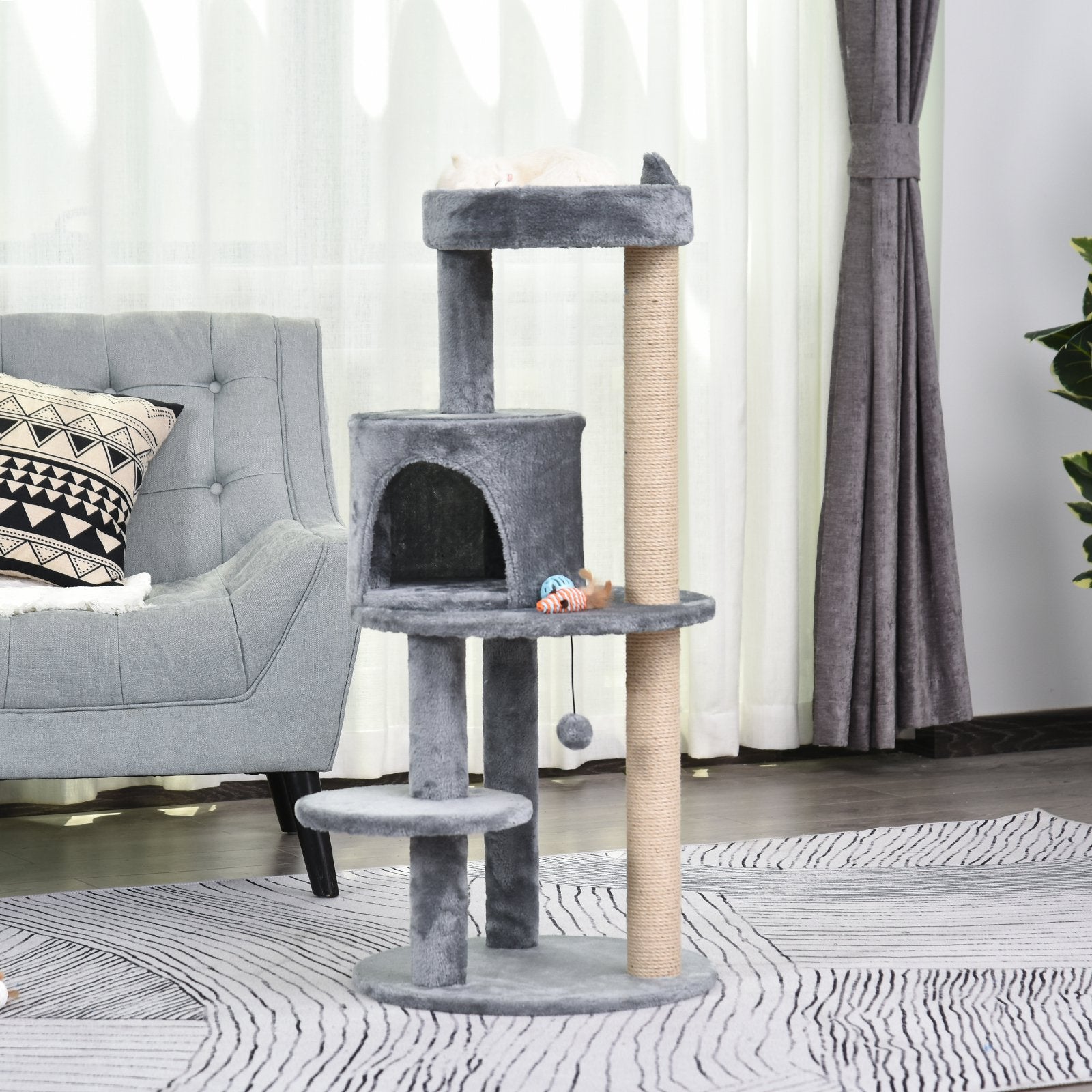 104 cm Cat Tree, Cat Condo Tree Tower, Cat Activity Centre with Scratching Posts, Plush Perch, Hanging Ball - Grey