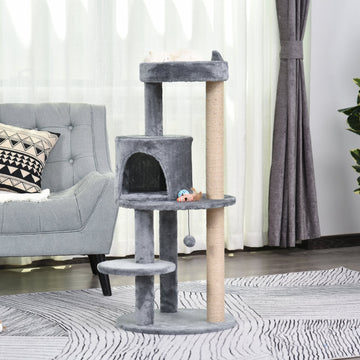 104 cm Cat Tree, Cat Condo Tree Tower, Cat Activity Centre with Scratching Posts, Plush Perch, Hanging Ball - Grey