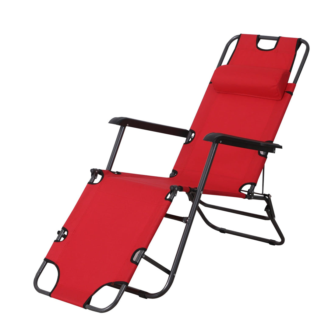 2 in 1 Sun Lounger Folding Reclining Chair Garden Outdoor Camping Adjustable Back with Pillow, Red