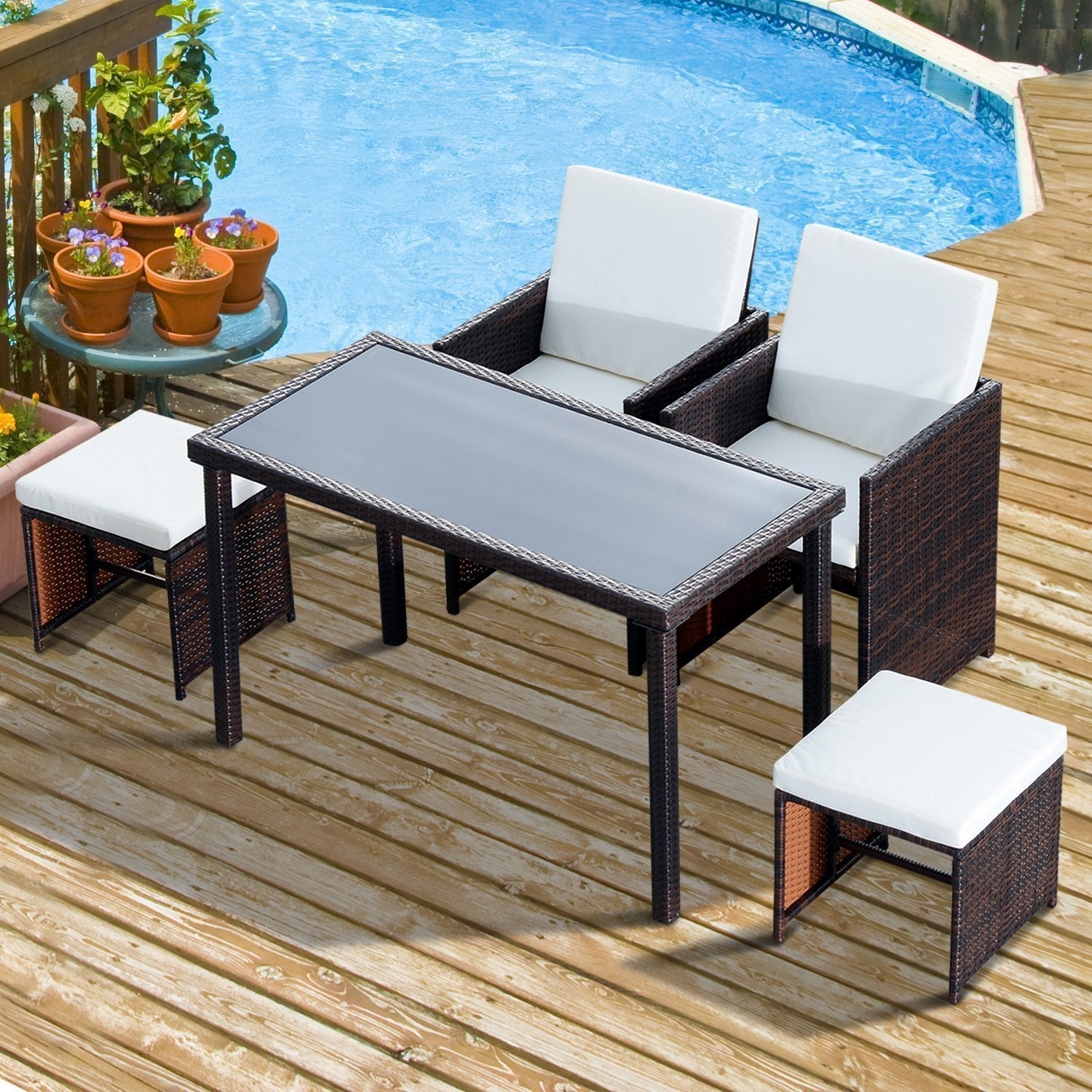 2 Seater Rattan Cube Garden Furniture Set, Rattan Dining Set with Cushions, Outdoor Dining Table and Chairs with 2 Armchairs, 2 Stools, Rectangular Glass Top Table for Patio, Balcony, Brown