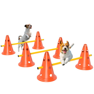 Dog Agility Equipment Set of Six Cones, Six Poles with Carry Bag, Three-Piece Adjustable Height Jumping Obstacles, Orang