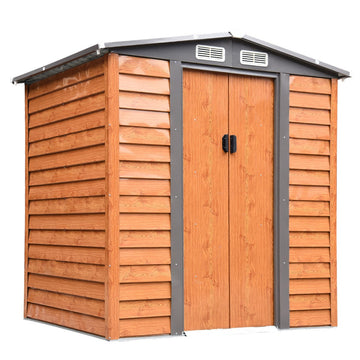 6.5 x 5ft Metal Garden Shed, House Hut Gardening Tool Storage with Ventilations, Sliding Door, Sloped Roof and Foundation Kit for Garden, Patio, Brown