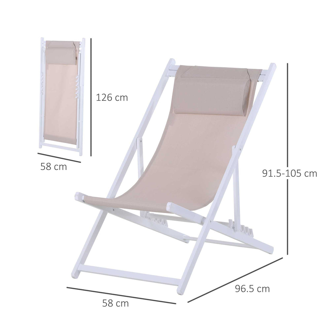 Set of 2 Folding Garden Beach Aluminium Frame Deck Chairs Deckchairs Seaside Folding Garden Patio Lounger, Beige