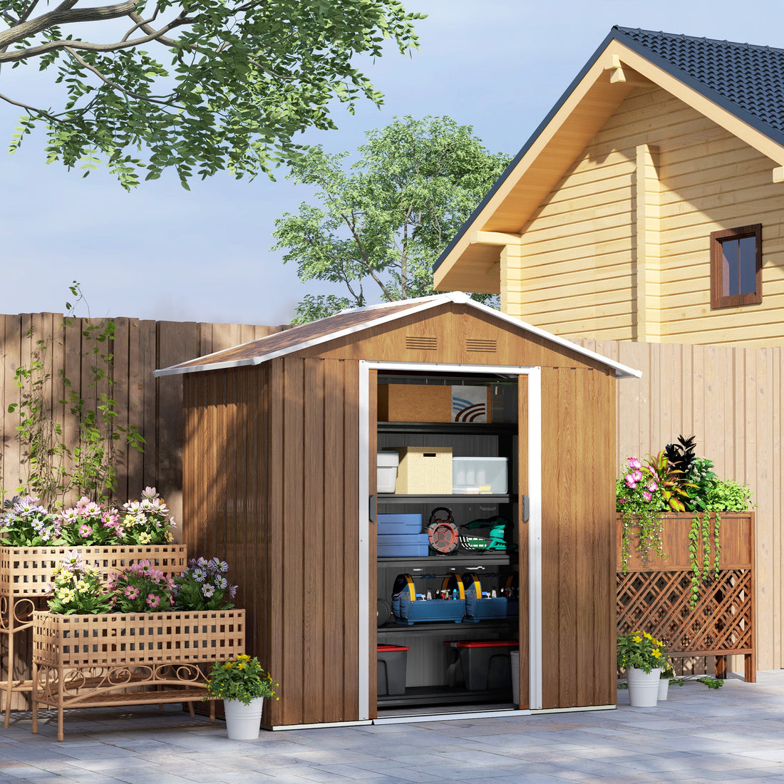 6.5 x 3.5ft Metal Garden Storage Shed - Brown Wood Effect