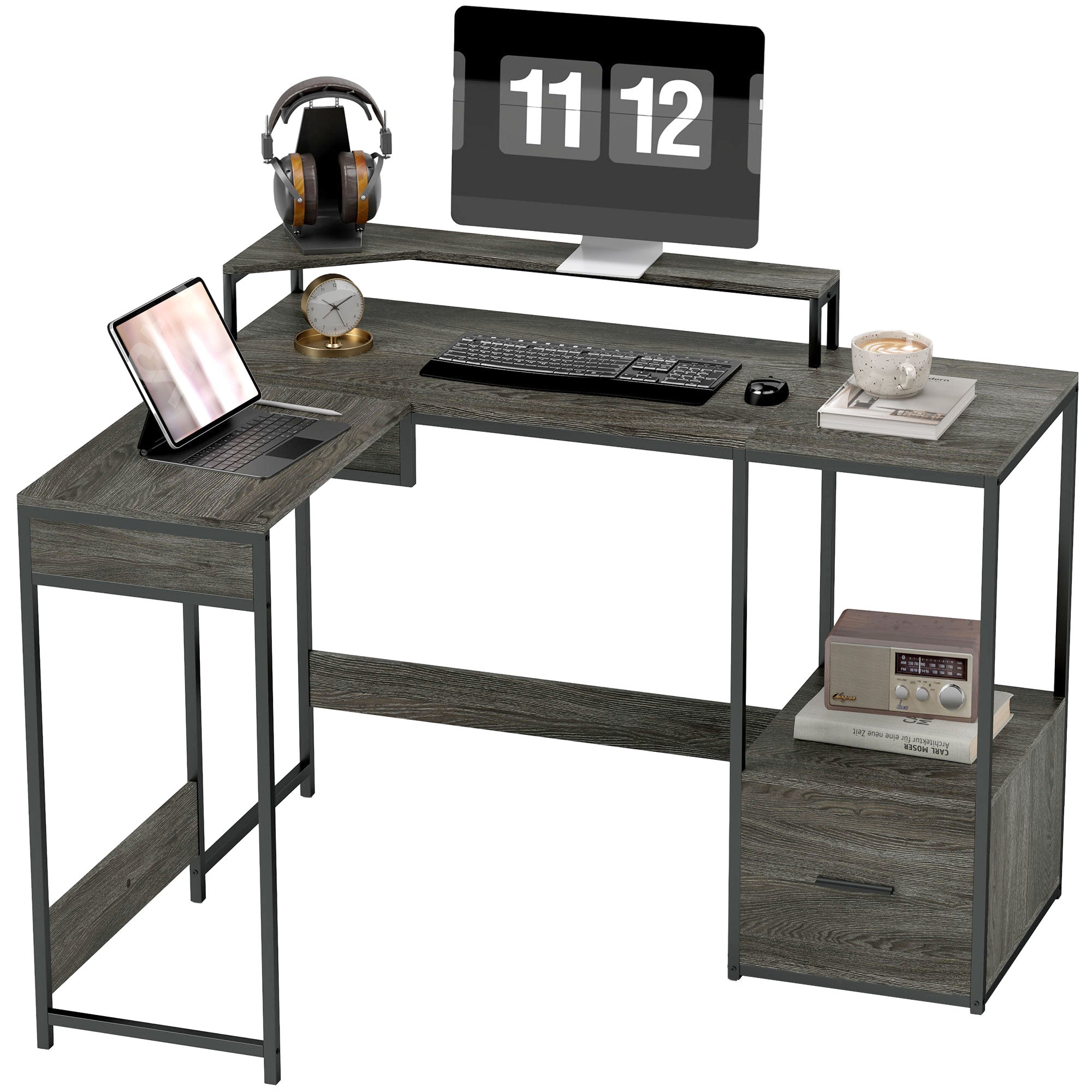 Industrial 'L' Shaped Multi-Work Desk - Charcoal Grey