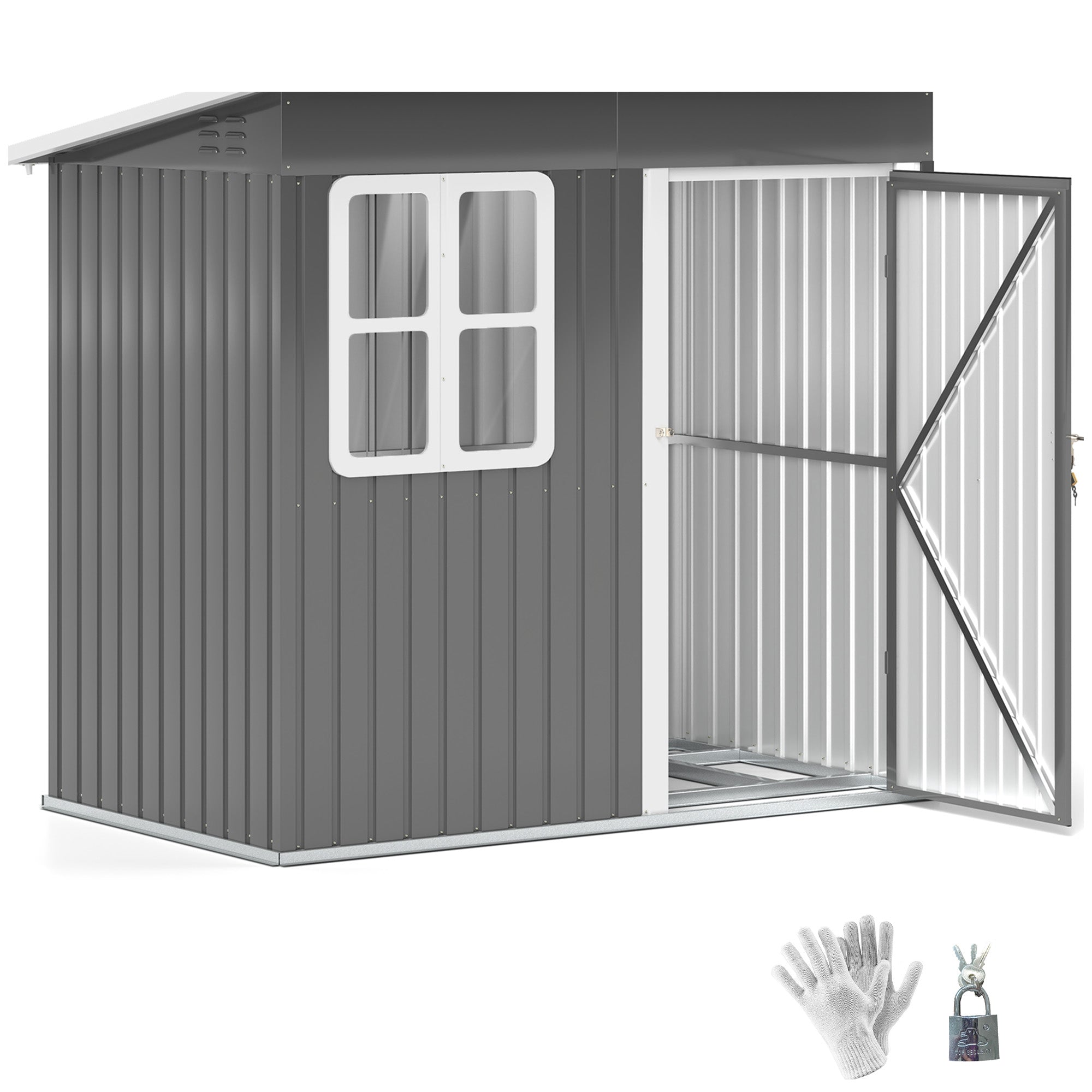 7 x 4ft Galvanised Steel Garden Shed, with Lock and Gloves - Grey