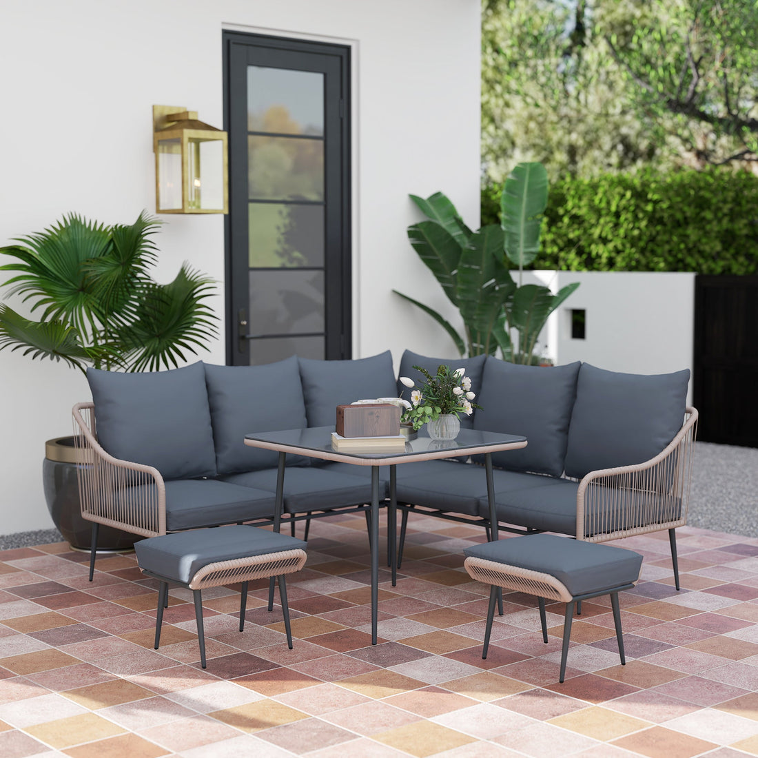 Six-Piece Rattan Strong Garden Sofa Set - Brown/Grey
