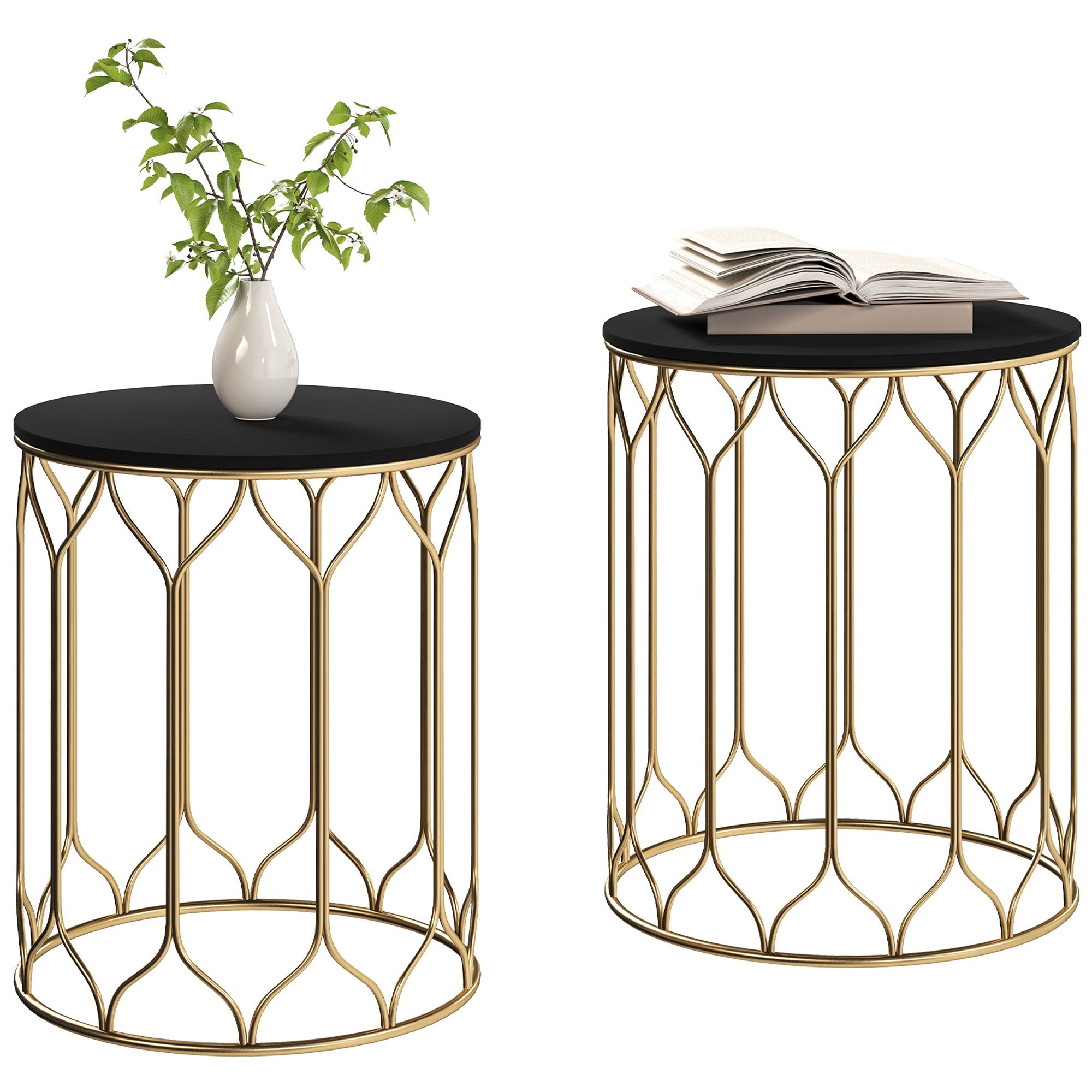 Garden Side Table Set of 2, Nesting Tables with Ceramic Tile Top, Indoor Outdoor Small Garden Tables, Multifunctional End Tables with Metal Frame for Patio, Balcony, Porch, Black