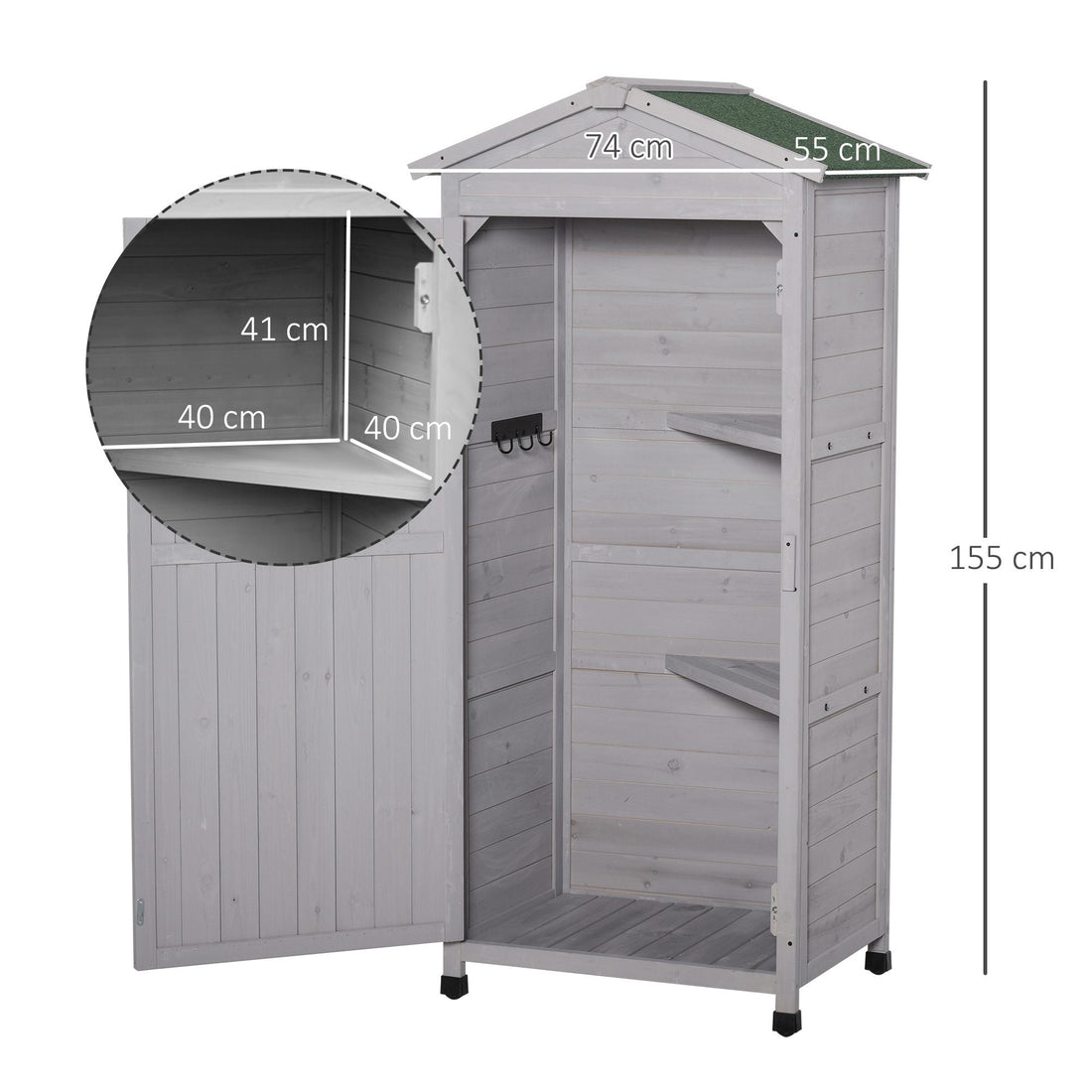 Wooden Garden Shed, Outdoor Storage Cabinet with 2 Shelves and Hooks, Locking Organiser Outdoor Narrow Tool House, 74x55x155cm, Grey