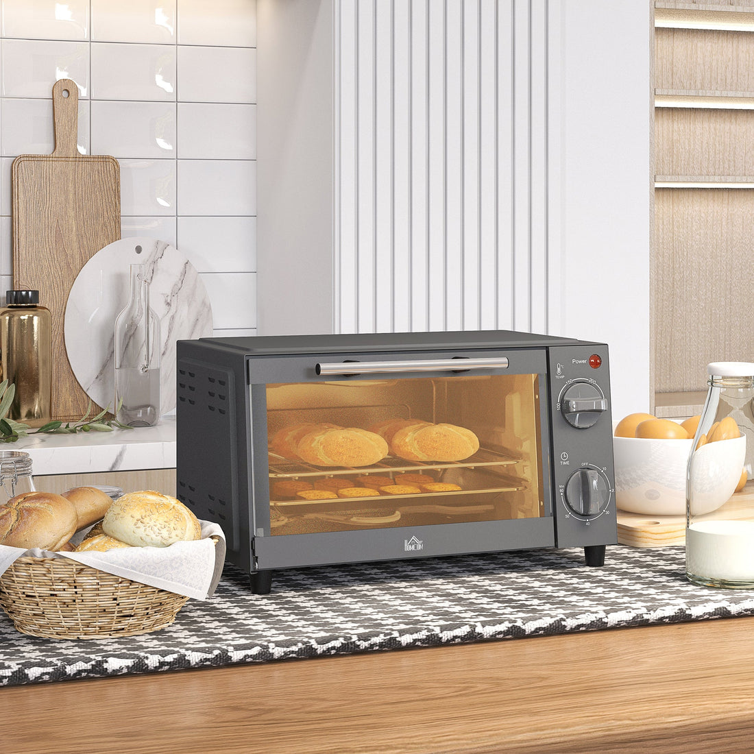 Mini Oven, 9L Countertop Electric Grill, Toaster Oven with Adjustable Temperature, Timer, Dishwasher Safe Baking Tray and Wire Rack, 750W, Grey