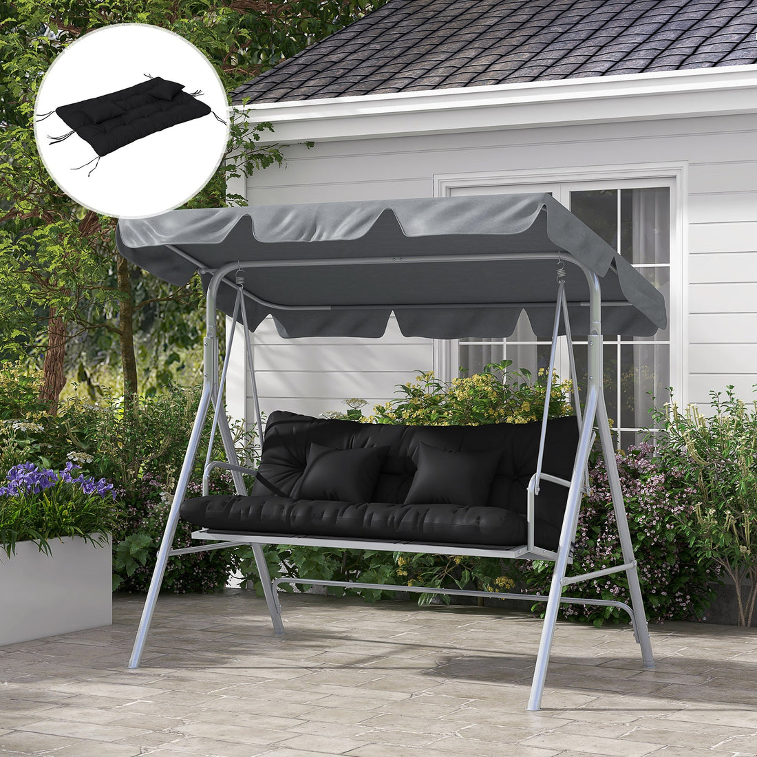 Back and Seat Cushion Replacement with 2 Pillows, Patio Chair Cushions Set with Ties, Black