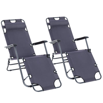2 Pieces 2 in 1 Sun Lounger Folding Reclining Chair Garden Outdoor Camping Adjustable Back with Pillow, Grey