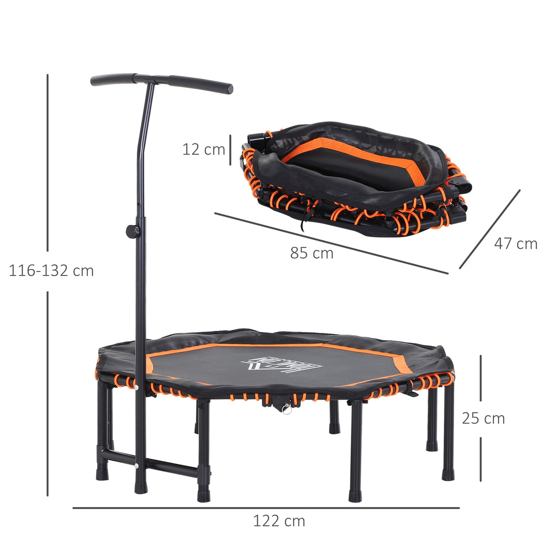 48" Octagonal Mini Fitness Trampoline Rebounder Indoor Outdoor Foldable Mini Jumper with Adjustable Handle, Max Load 100 KG - Orange