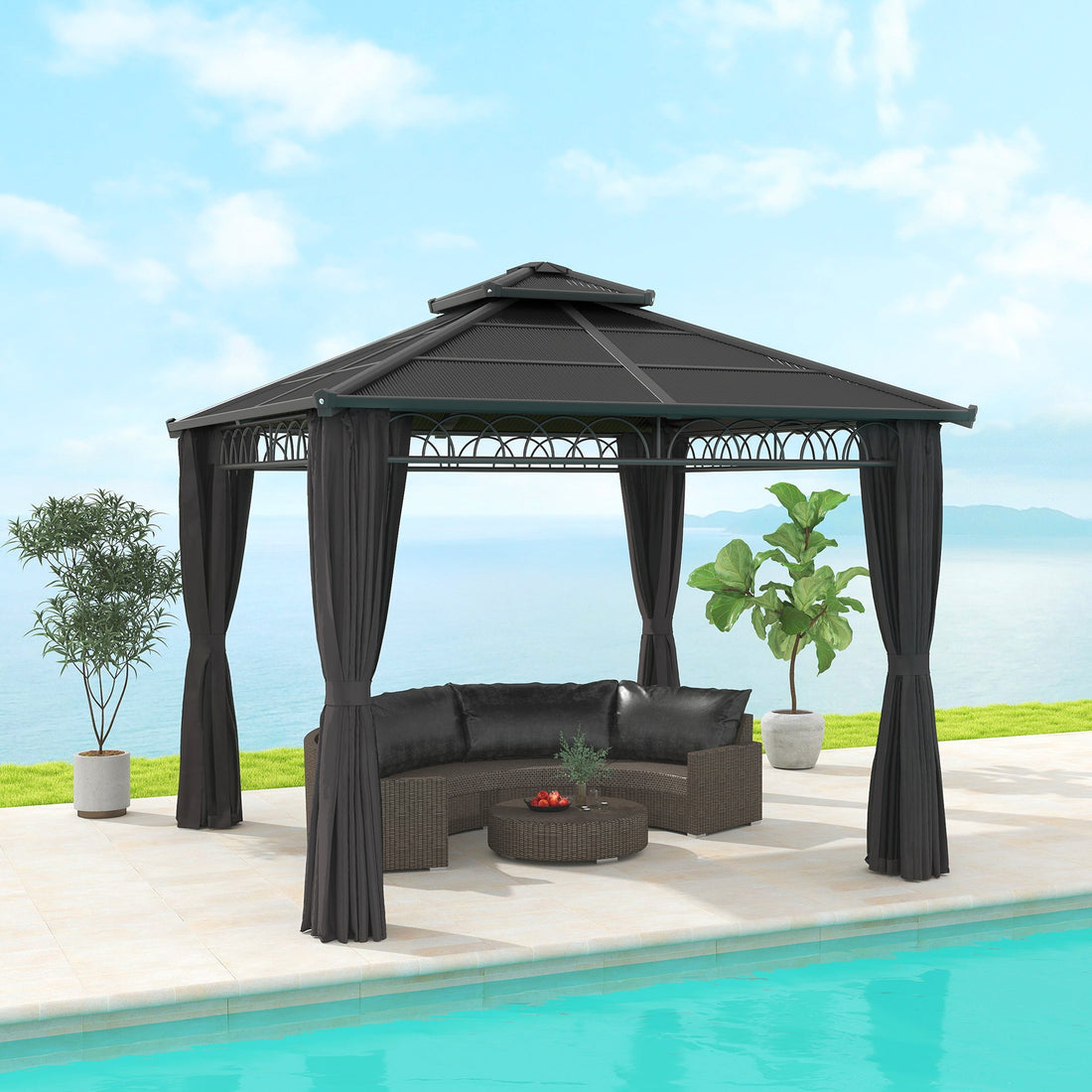 3 x 3 (m) Outdoor Polycarbonate Gazebo, Double Roof Hard Top Gazebo with Galvanised Steel Frame, Nettings & Curtains for Garden, Lawn, Patio and Deck, Dark Grey