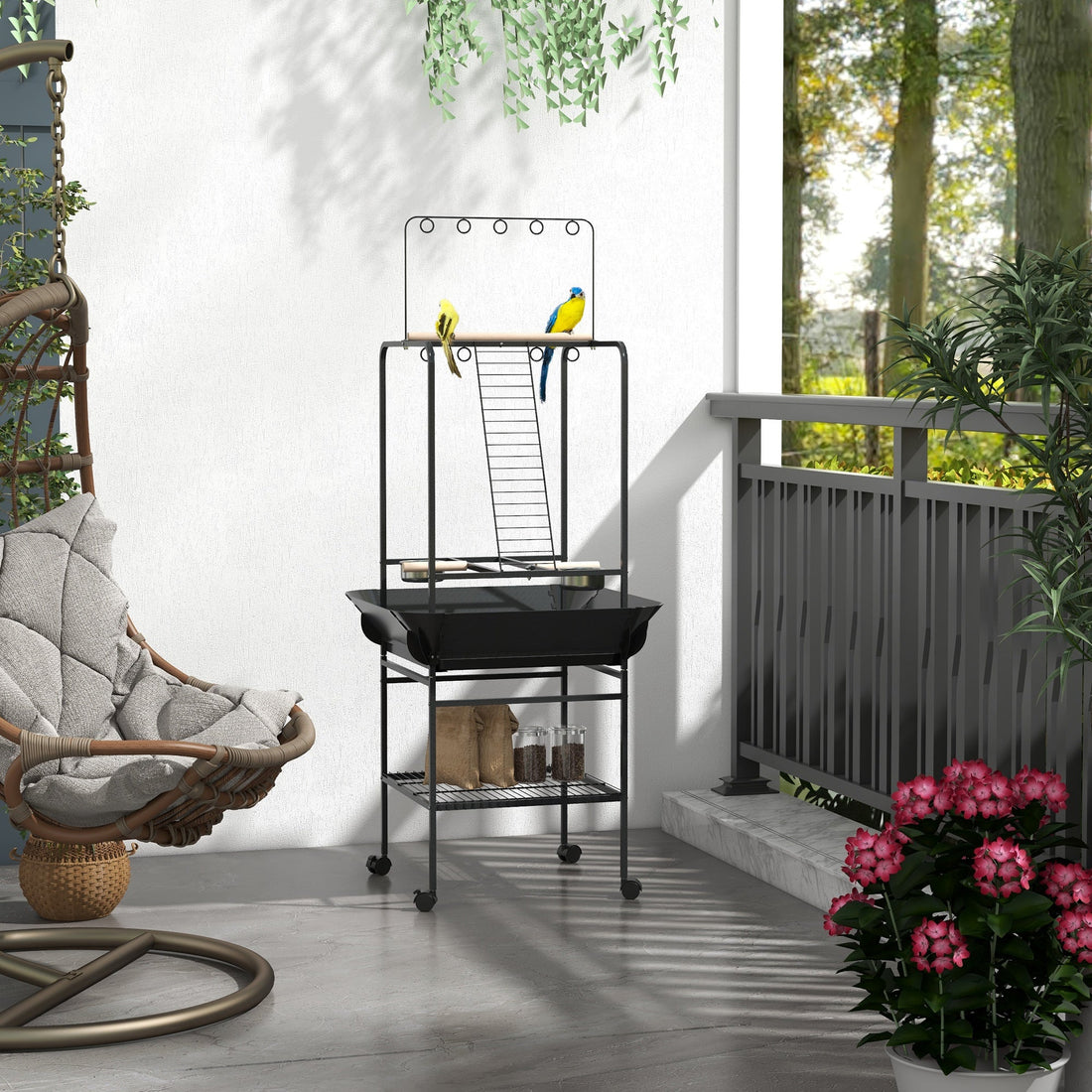 Steel Bird Table, Bird Feeder stand, with Perches, Stainless Steel Feed Bowls, Trays - Dark Grey