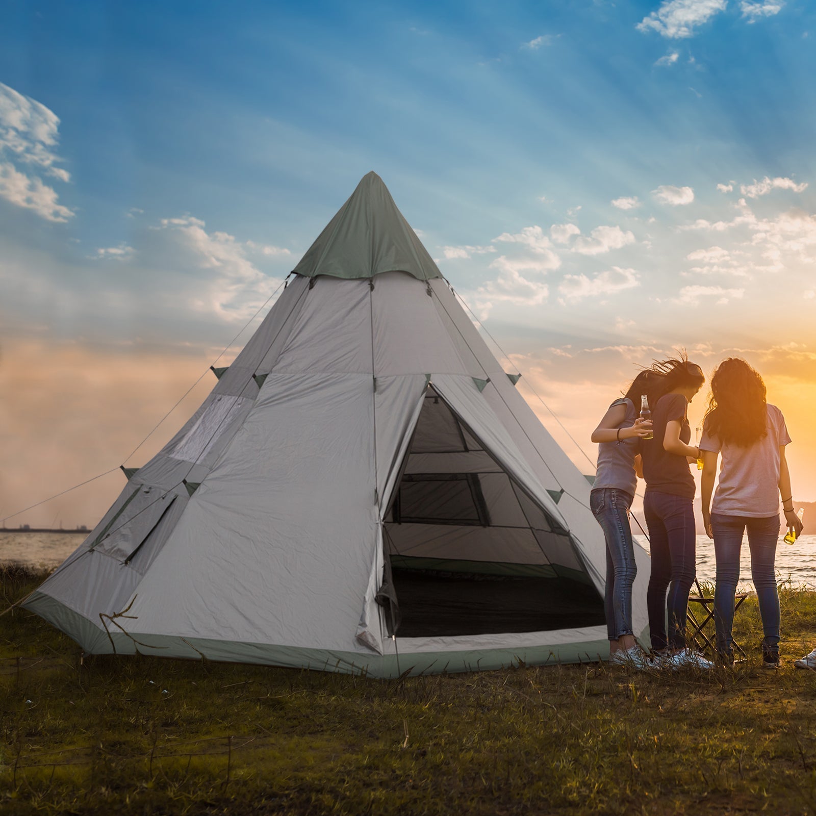 6 Men Tipi Tent with Carry Bag - Grey