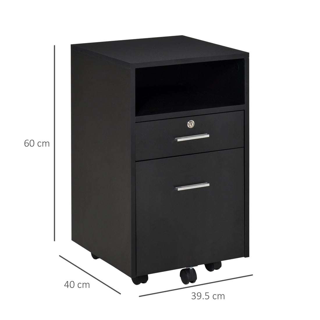 Lockable Two-Drawer Filing Cabinet, with Wheels - Black
