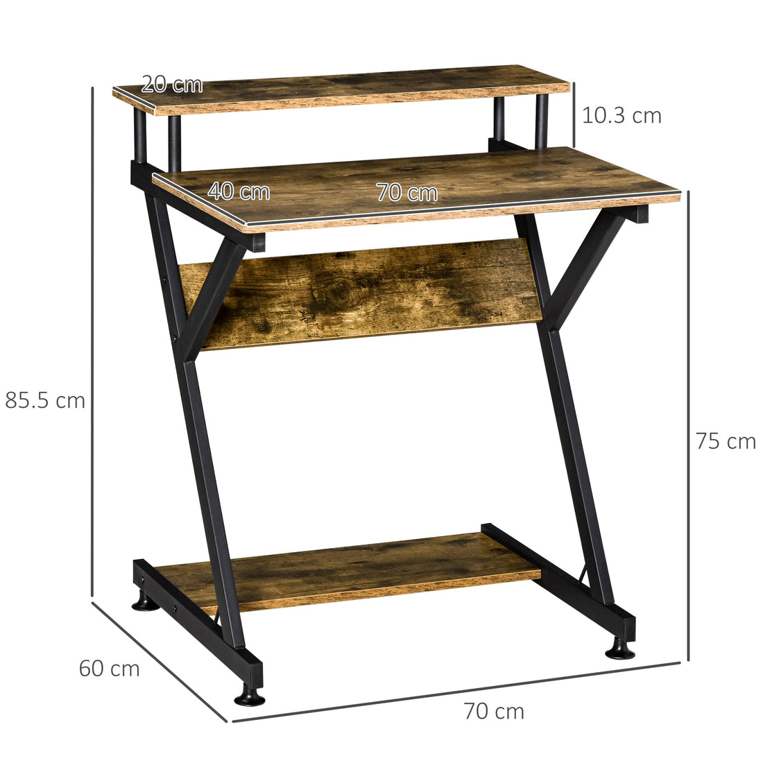 Industrial Computer Desk with Monitor Stand, 70 x 60cm Compact Desk for Small Spaces, Home Office Desk, Rustic Brown