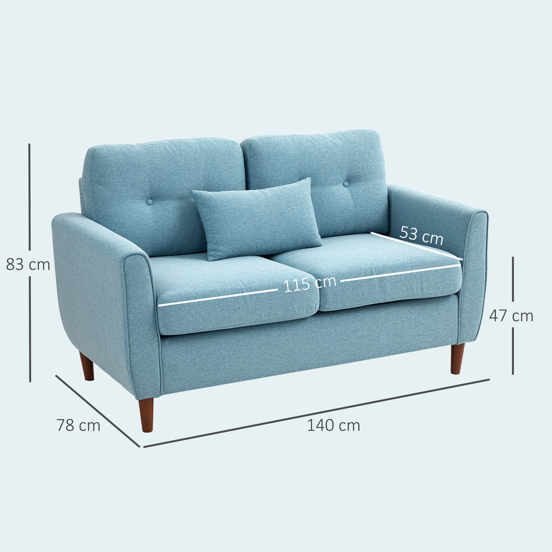 2 Seater Sofa Double Sofa Loveseat Fabric Wooden Legs Tufted Design for Living Room, Dining Room, Office, Light Blue