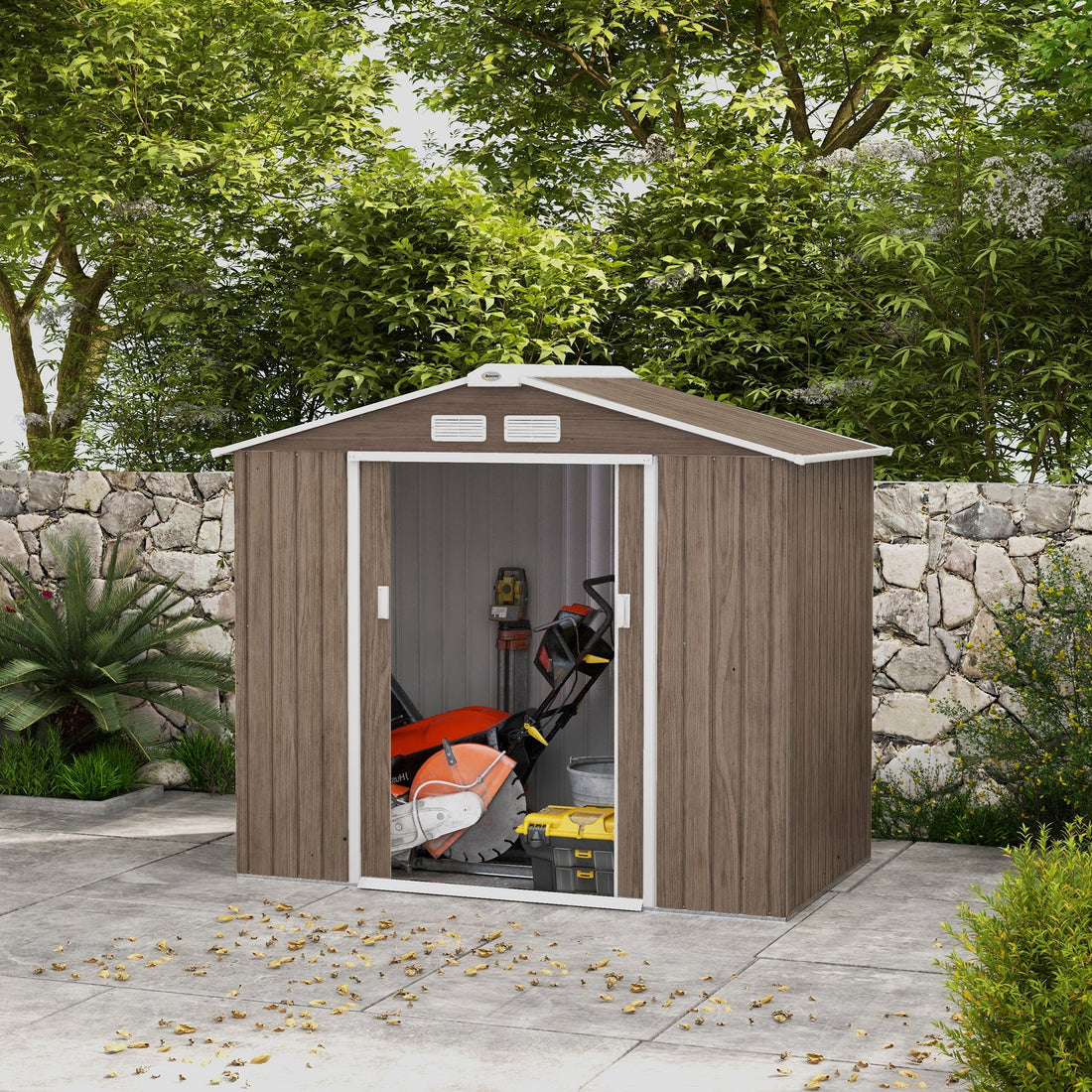7 x 4ft Metal Garden Storage Shed with Vents, Floor Foundation Kit and Lockable Double Doors, Light Brown