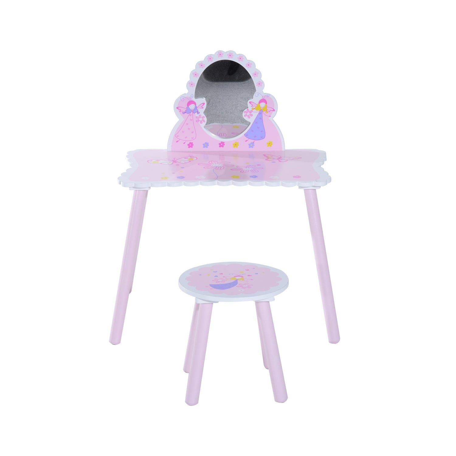 Kids Dressing Table Girls Pink Wooden Kids Dressing Table & Stool Make Up Desk Chair Toys Fairy Dresser Play Set w/Mirror