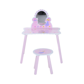 Kids Dressing Table Girls Pink Wooden Kids Dressing Table & Stool Make Up Desk Chair Toys Fairy Dresser Play Set w/Mirror