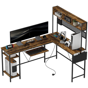 160cm Reversible L Shaped Desk with Power Outlet, Industrial Corner Desk with Storage Shelves and Keyboard Tray, 240cm Long Computer Desk for 2 Person, Rustic Brown