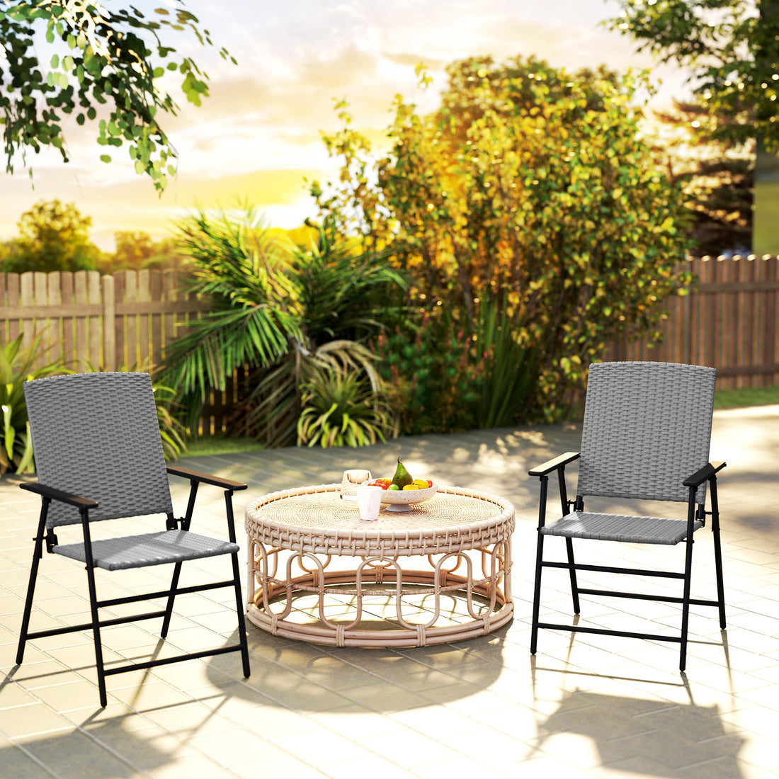 Set of Two Folding Rattan Seat Chairs - Grey