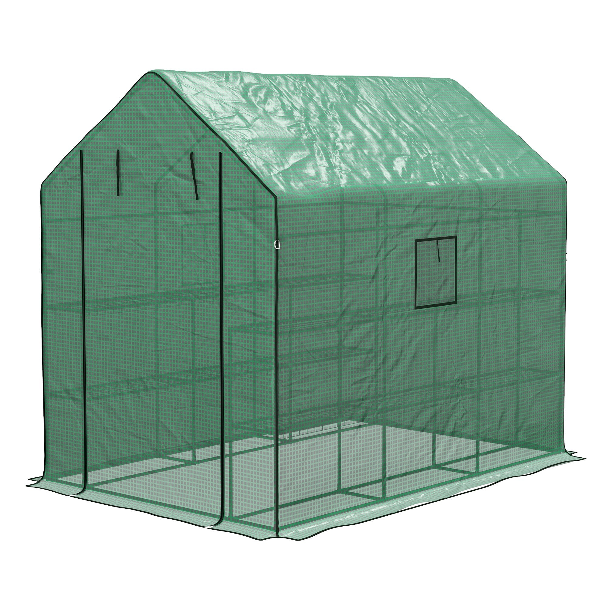 Walk-in Greenhouse with 3 Tier 12 Shelves, Small Greenhouse with Reinforced PE Cover, Garden Plant Growhouse with Roll-up Door and Three Mesh Windows, 140 x 213 x 190 cm, Green