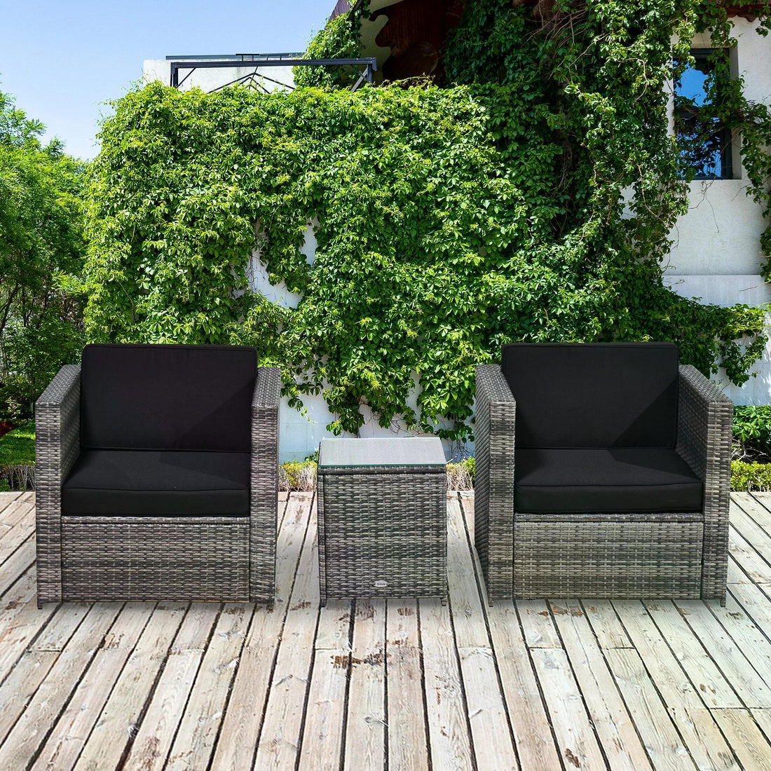 3 Pieces Rattan Bistro Set, Wicker Garden Furniture Set with Glass Top Coffee Table and Chairs, Thickened Washable Cushions for Outdoor, Patio, Balcony, Grey