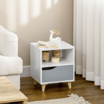 Modern Bedside Table, Side End Table with Shelf, Drawer and Wood Legs, 36.8cmx33cmx43.8cm, White and Grey
