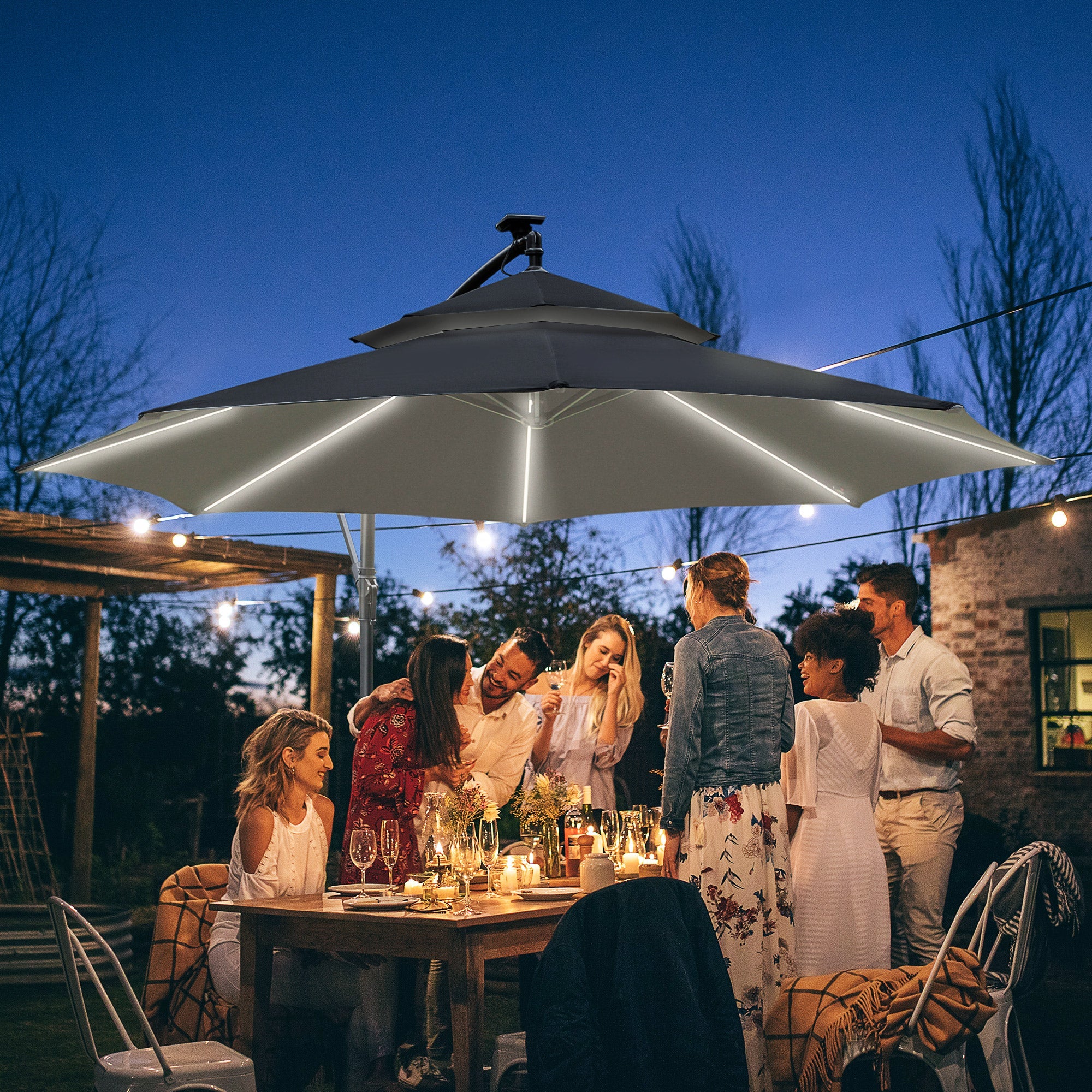 3(m) Cantilever Banana Parasol Hanging Umbrella with LED Solar lights, Crank, 8 Sturdy Ribs and Cross Base for Outdoor, Garden, Patio, Black