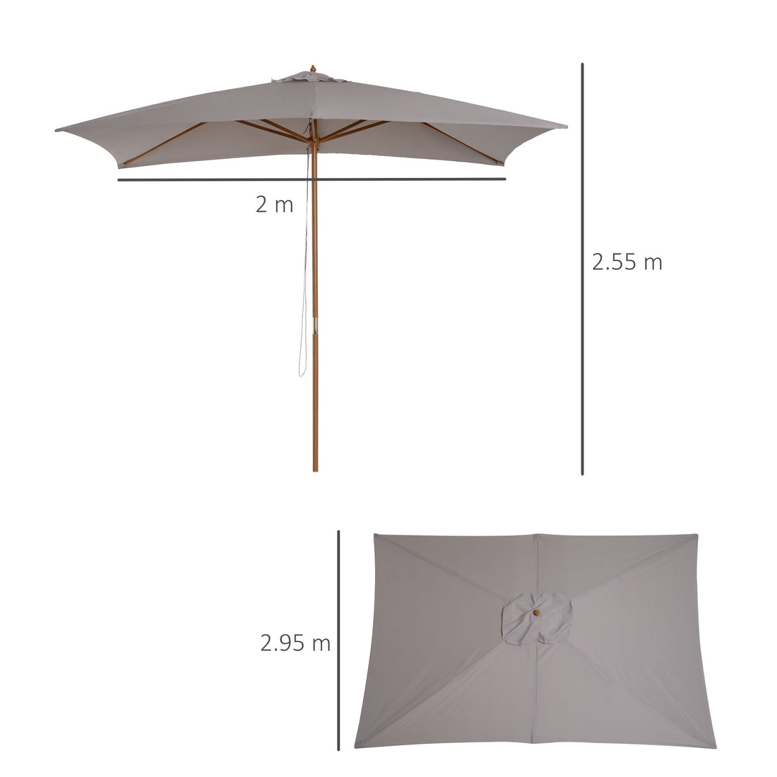 2 x 3m Wooden Garden Parasol Umbrella Outdoor Sun Shade Canopy, Table Market Umbrella with Vent, 38 mm Pole, Rope Pulley Mechanism, Light Grey