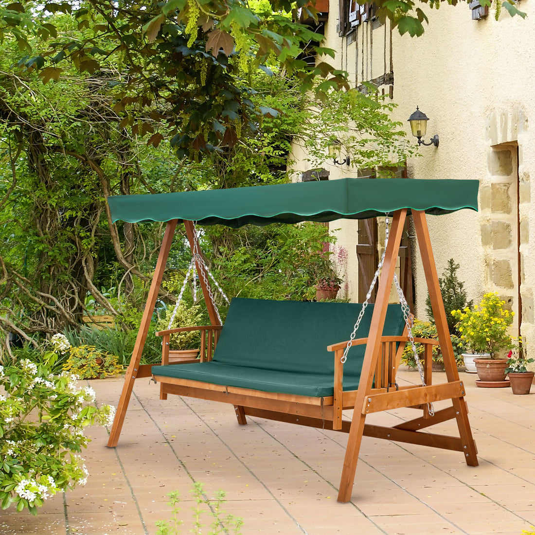 3 Seater 2-in-1 Wooden Garden Swing Seat Swing Chair Outdoor Convertible Hammock Bench Furniture Lounger Bed Wood, Dark Green