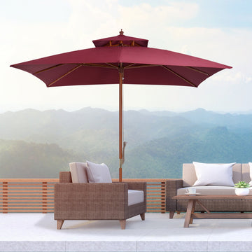 3 x 3(M) Garden Parasol Umbrella Sunshade, Outdoor Wooden Parasol with Double Tier Canopy, Wine Red
