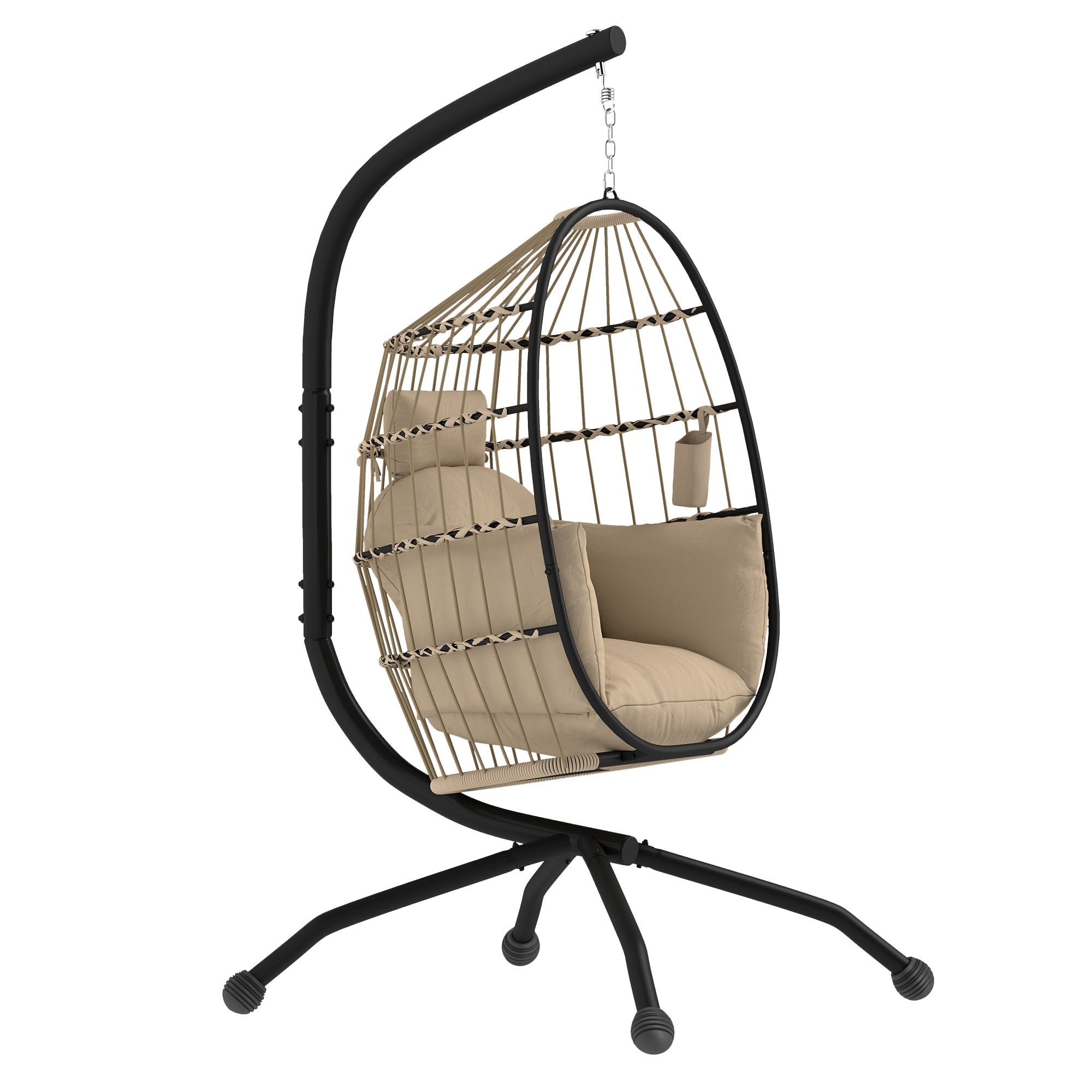 Hanging Egg Chair Outdoor Indoor Garden Swing Chair with Folding Basket and Thickened Cushion, Garden Hanging Chair with Stand, Headrest, Cup Holder for Patio, Balcony, Khaki