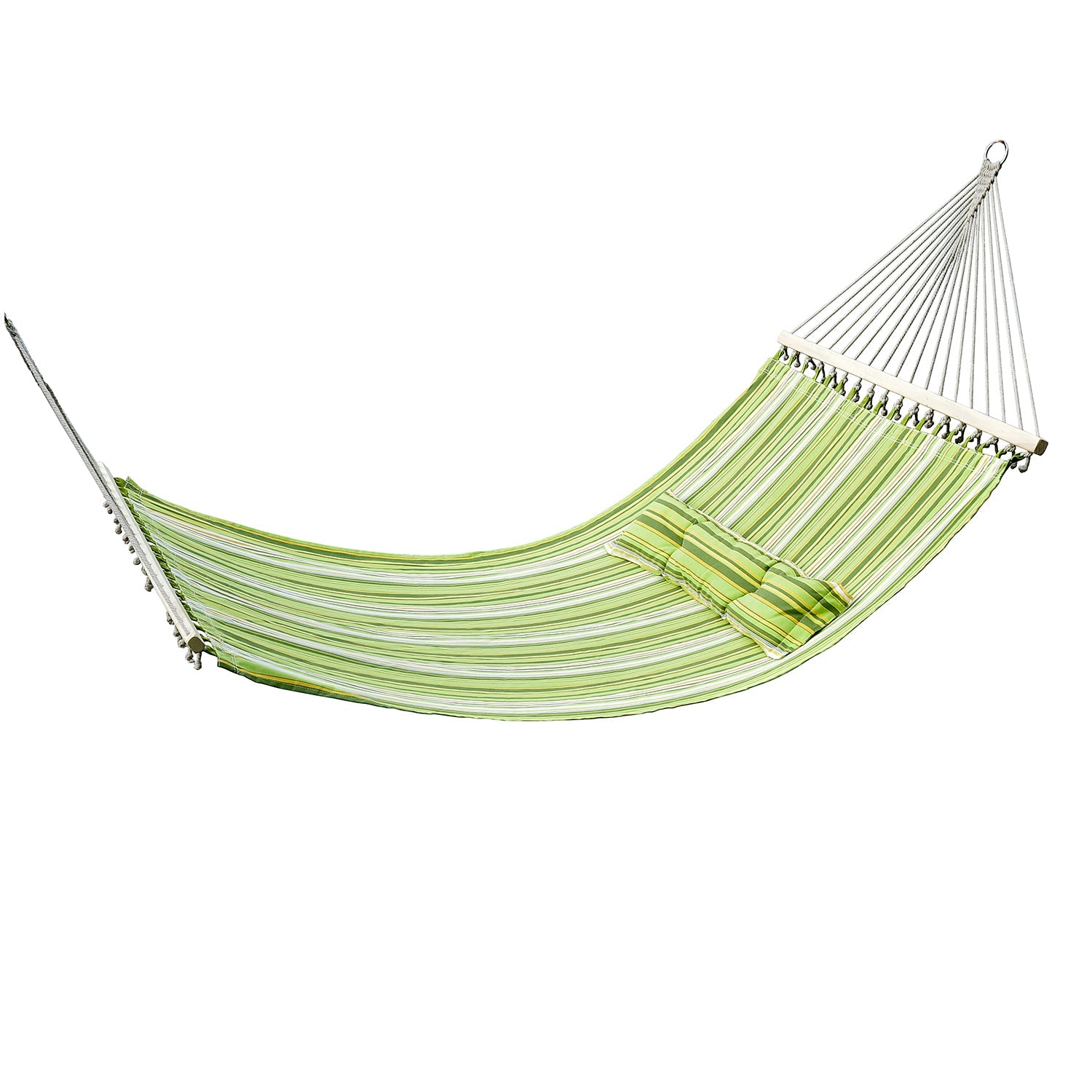 Double Cotton Hammock Camping Swing Outdoor Garden Beach Stripe Hanging Bed with Pillow, 188 x 140 cm, 180 KG Capacity, Green