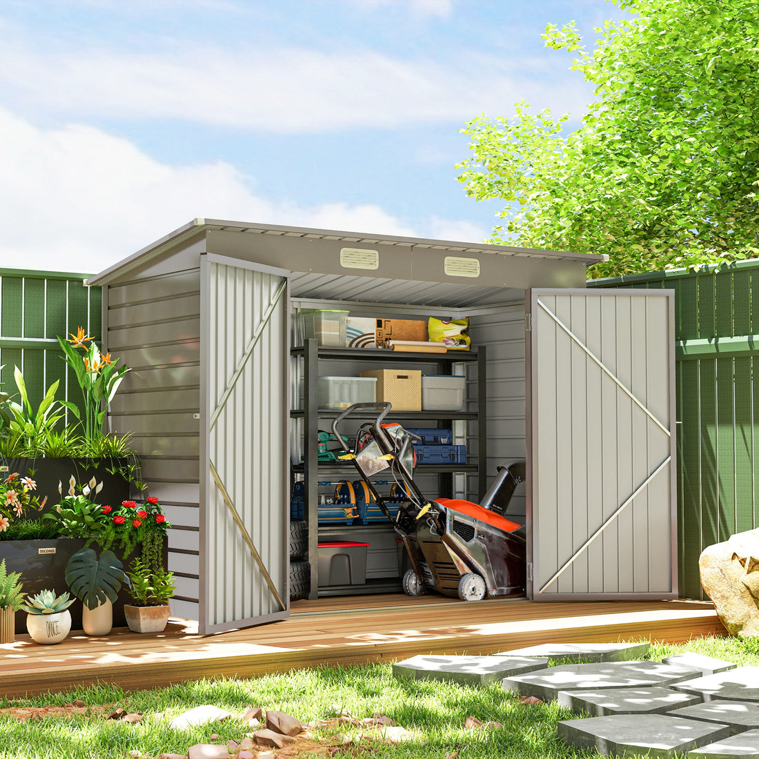3.7 x 7.9ft Galvanised Steel Shed, with Latched Door and Padlock - Light Grey