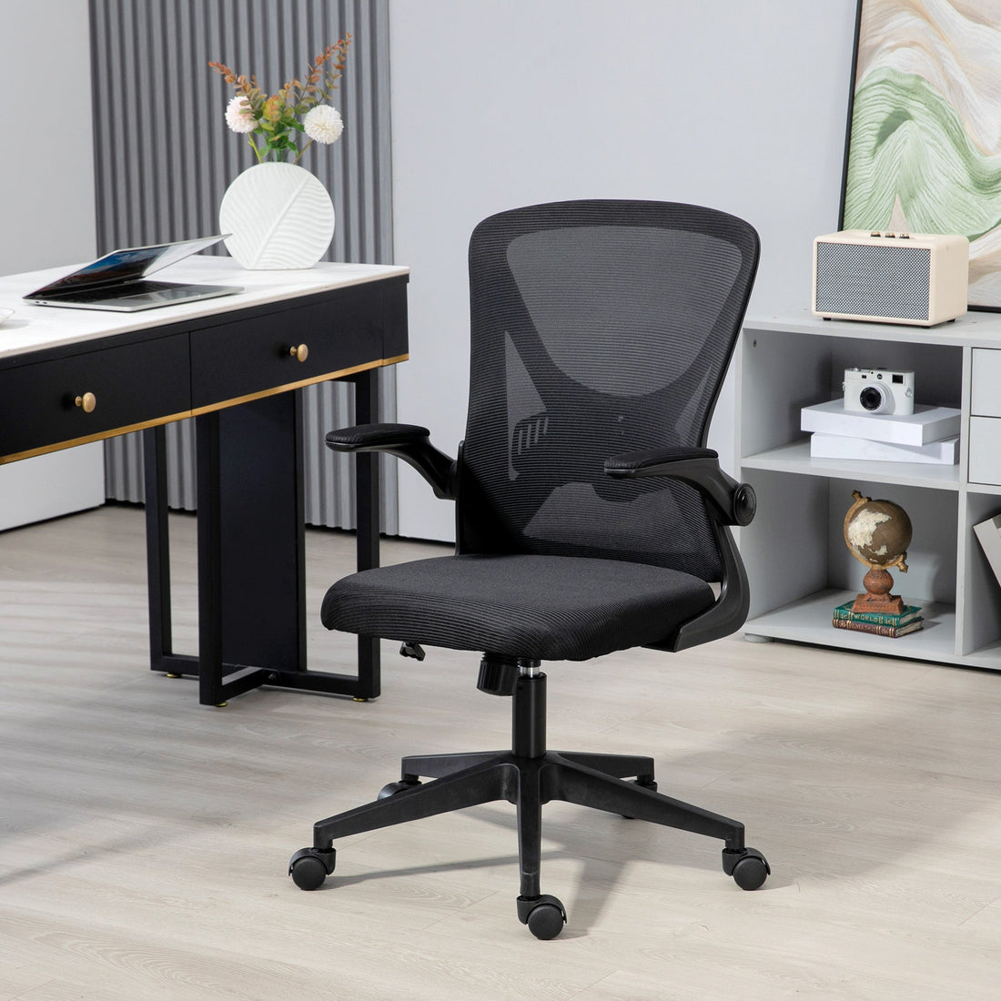 Mesh Back Office Chair, with Flip-Up Arms - Black