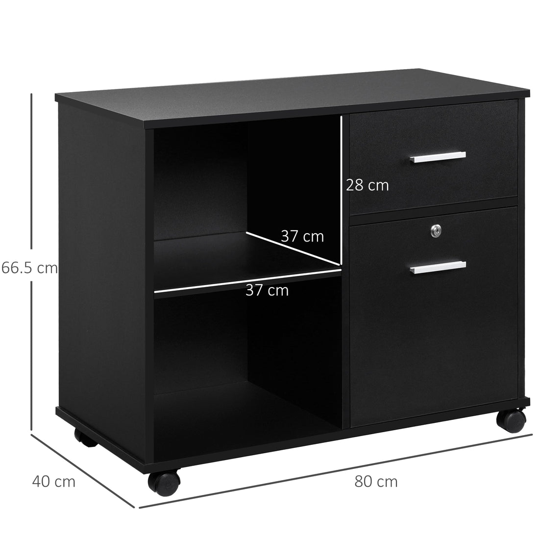 Filing Cabinet with Wheels, Mobile Printer Stand with Open Shelves and Lockable Drawer for A4 Size Documents, Black