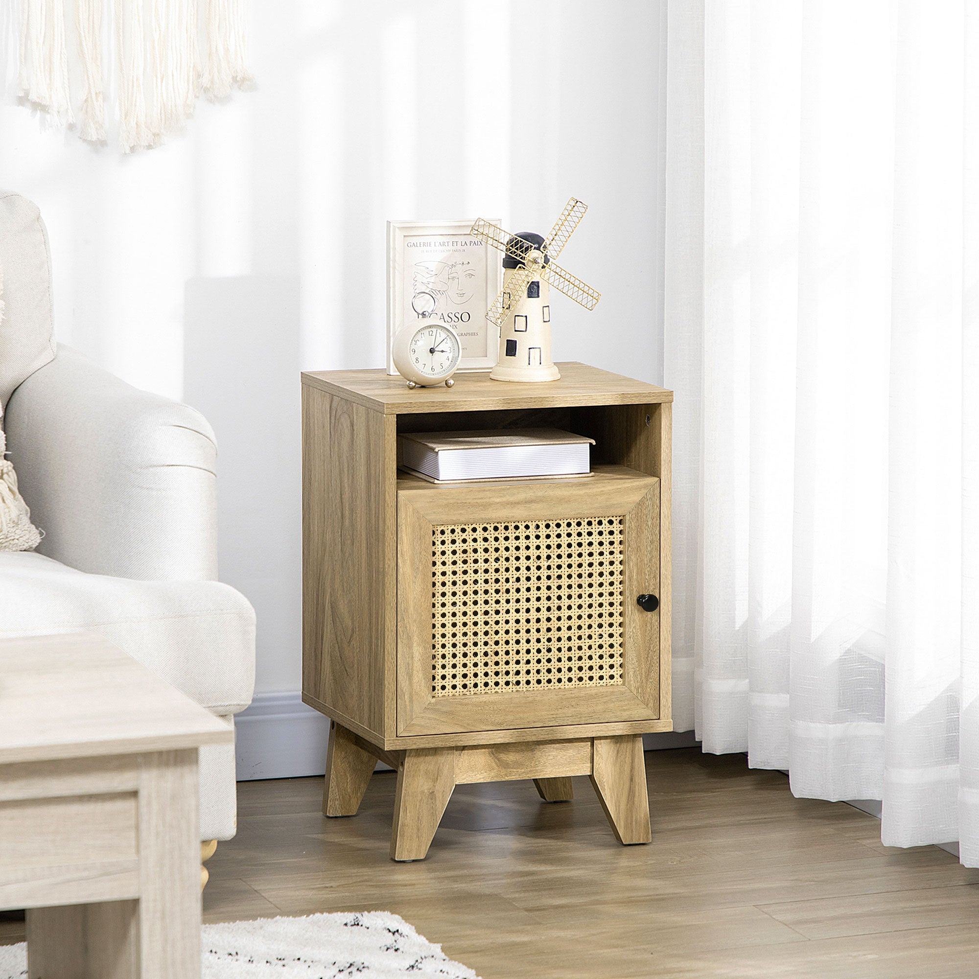 Narrow Rattan Nightstand, Side End Table with Shelf and Cupboard, 39cm x 35cm x 60cm, Natural