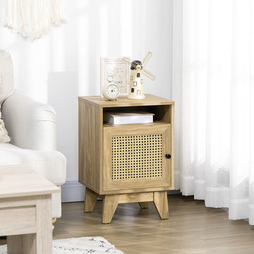 Narrow Rattan Nightstand, Side End Table with Shelf and Cupboard, 39cm x 35cm x 60cm, Natural