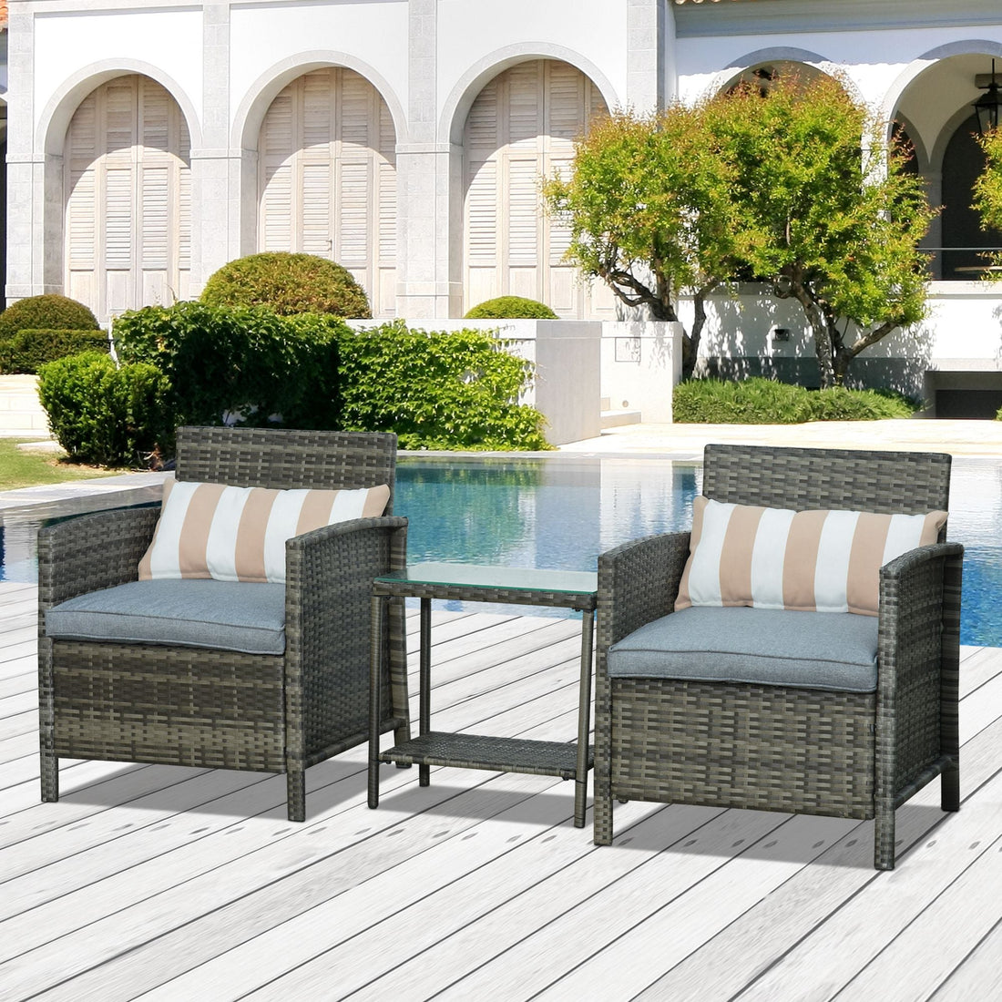 3 Pieces Rattan Bistro Set, Wicker Garden Furniture Set, Glass Top 2-tier Coffee Table and Chairs Set with Pillows and Washable Cushions for Outdoor, Patio, Balcony, Grey
